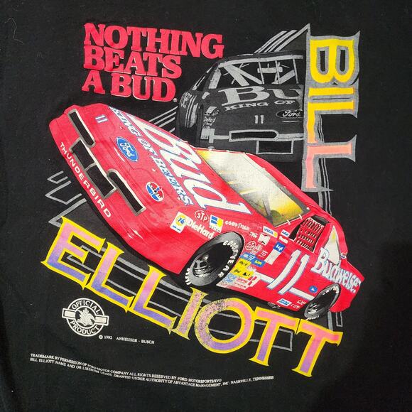 Vintage 1992 Bill Elliott Budweiser NASCAR Tee XL “Nothing Beats a Bud” Black - Picture 4 of 6